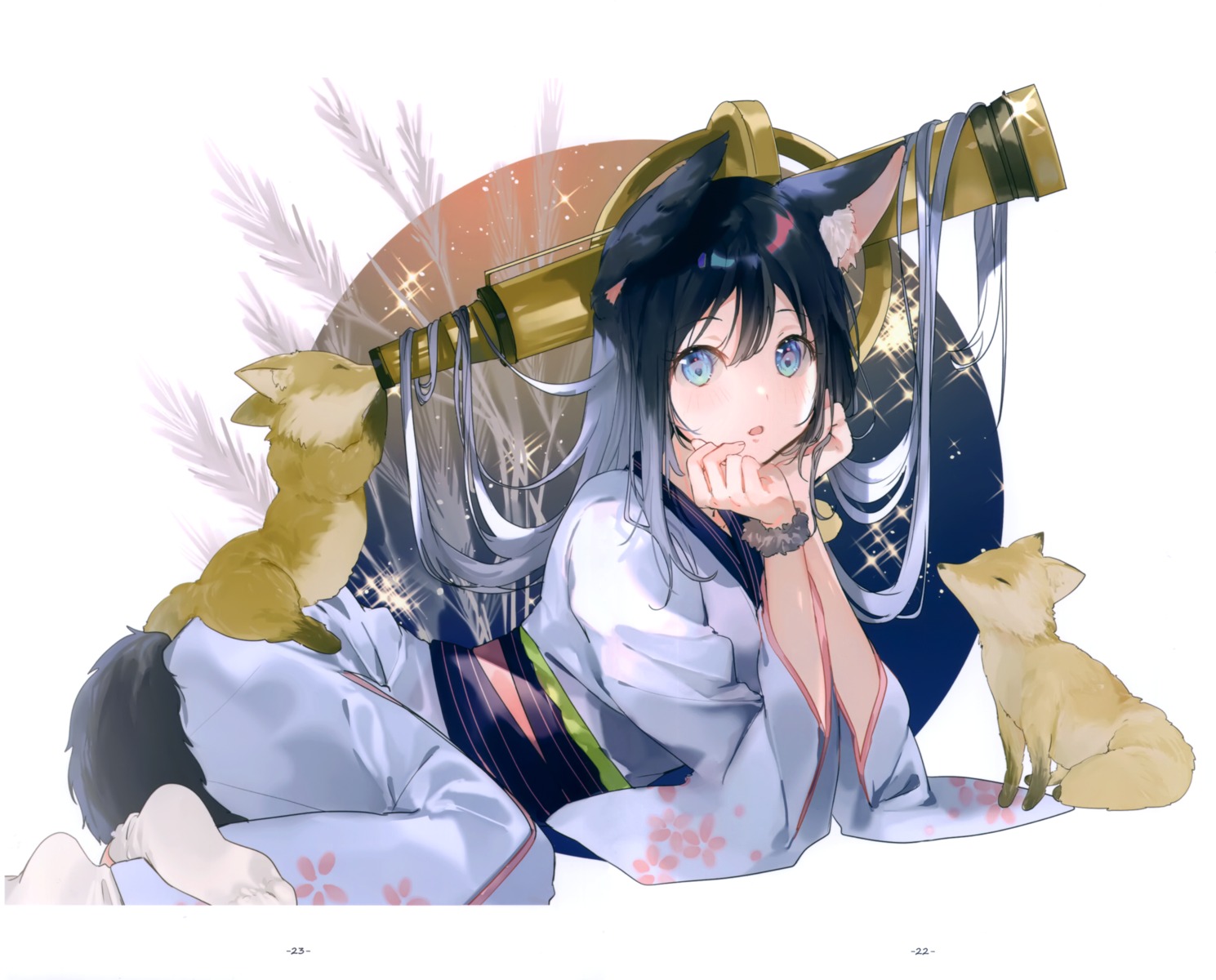 animal_ears kitsune miwano_ragu sanshoku_nattou_meshi tail yukata