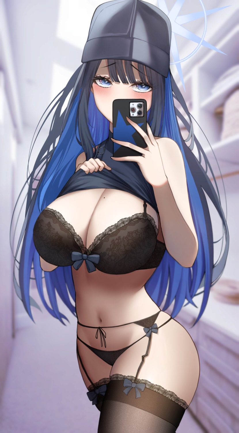 blue_archive bra garter_belt halo joumae_saori lingerie pantsu selfie shirt_lift stockings thighhighs thong tomi27 undressing