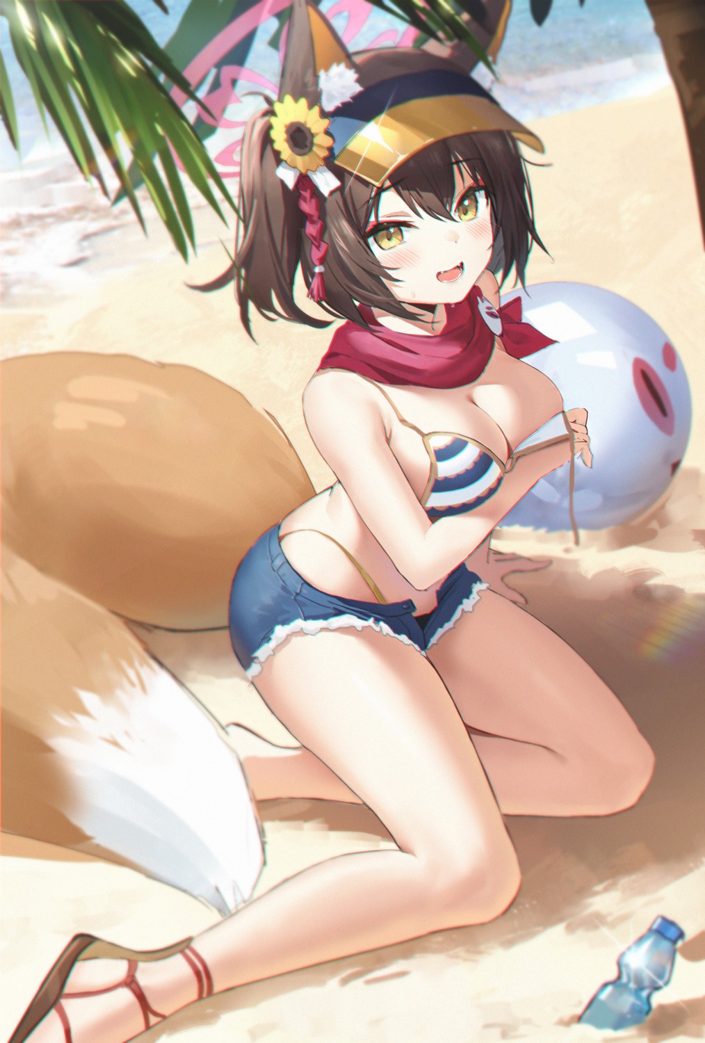 animal_ears banxuan_c2ka bikini blue_archive breast_hold halo kitsune kuda_izuna swimsuits tail