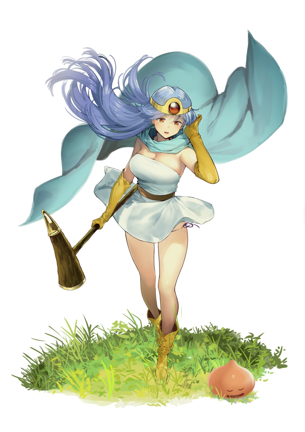 cleavage dragon_quest dragon_quest_iii dress no_bra pantsu sage_(dq3) skirt_lift string_panties twinpoo weapon