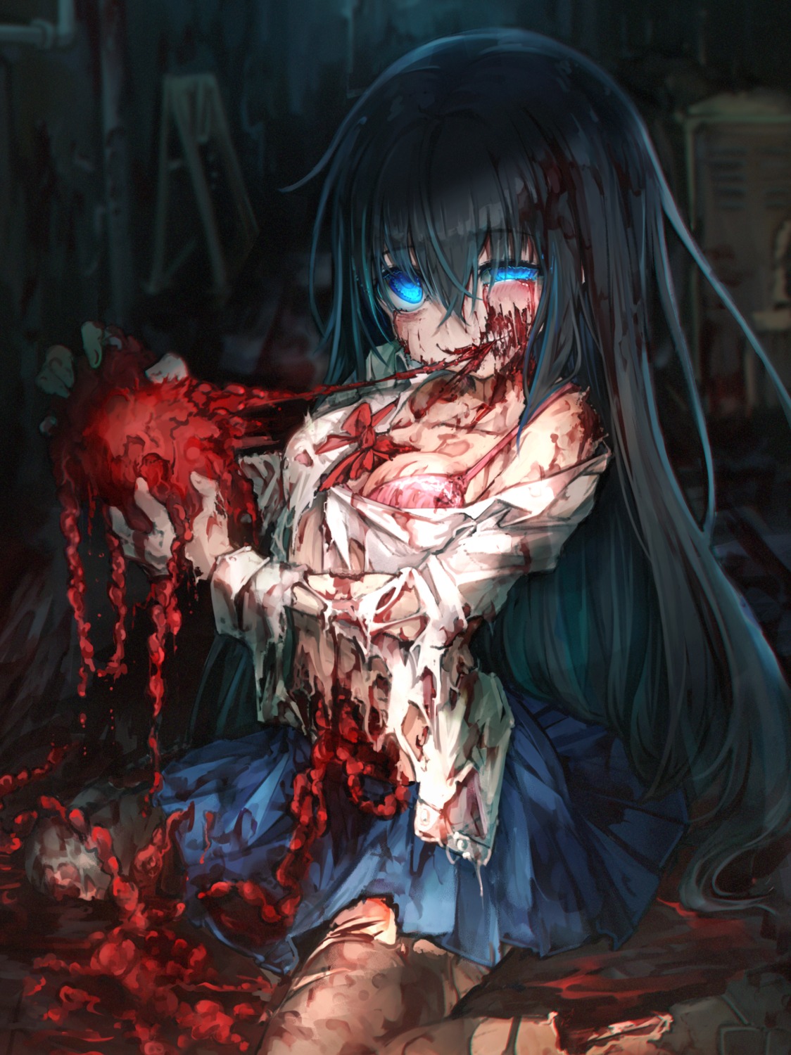 blood bra extreme_content guro open_shirt seifuku tagme thighhighs torn_clothes