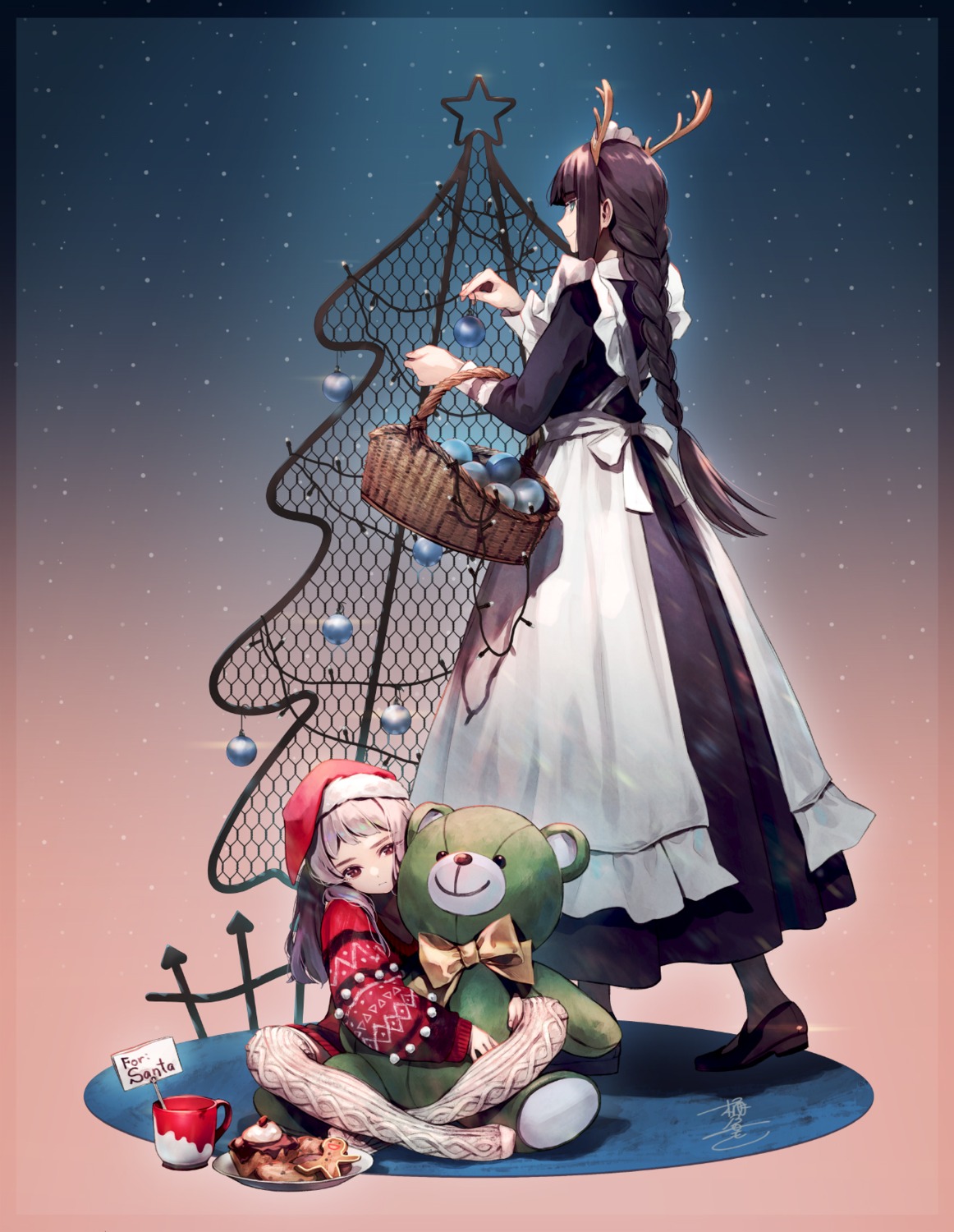 christmas horns maid okeno_kamoku sweater thighhighs