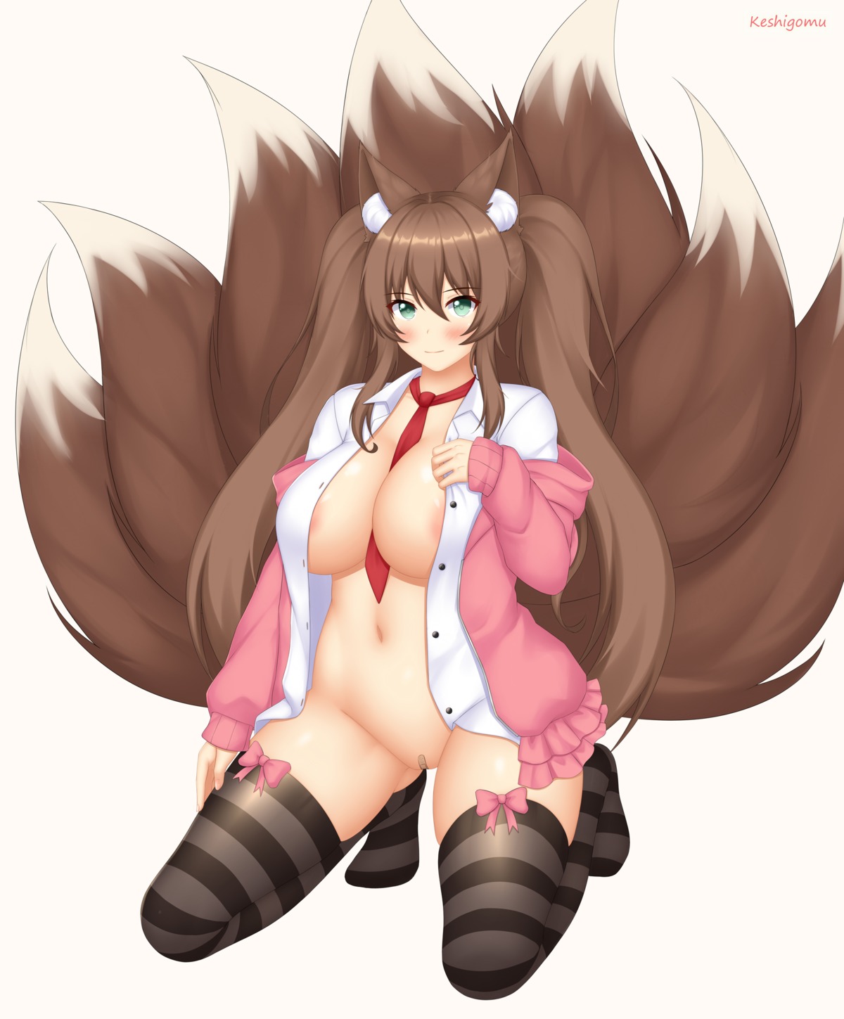 animal_ears areola bottomless keshigomu kitsune no_bra open_shirt plushmallow seifuku sweater tail thighhighs