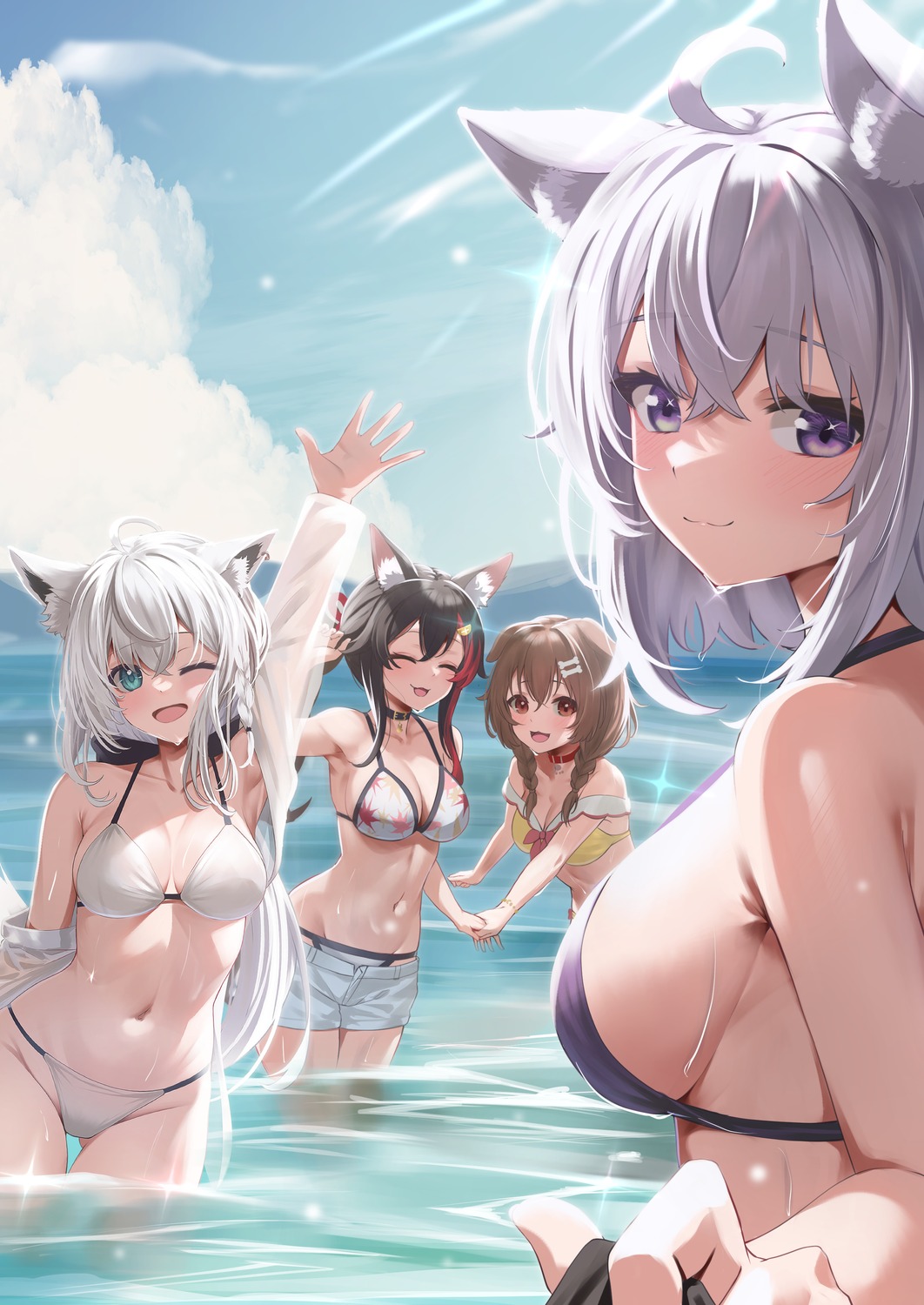 animal_ears bikini bikini_top hololive hololive_gamers inugami_korone inumimi kitsune koisuke nekomata_okayu nekomimi ookami_mio shirakami_fubuki swimsuits wet