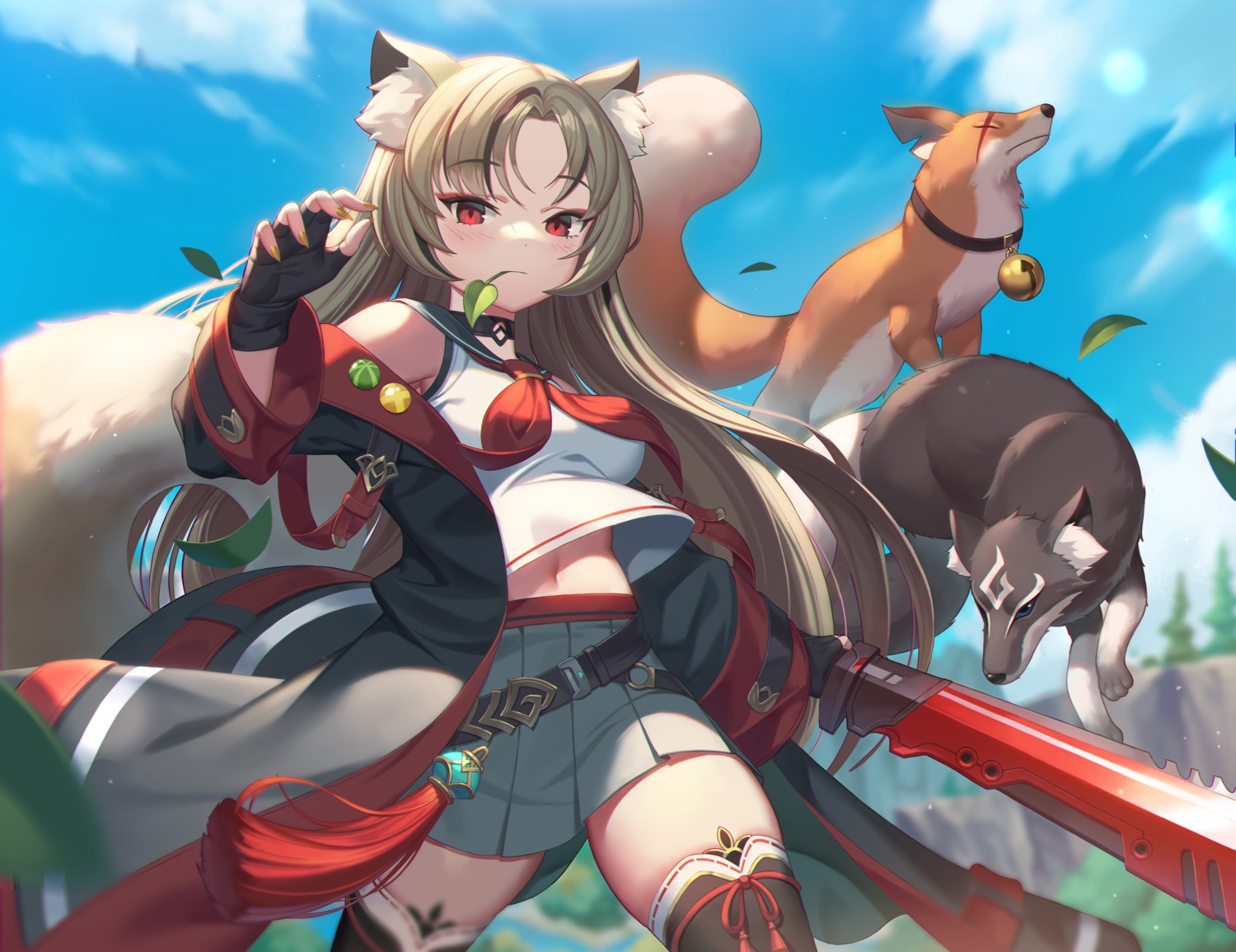 animal_ears kitsune nolan seifuku shirt_lift skirt_lift sword tail thighhighs