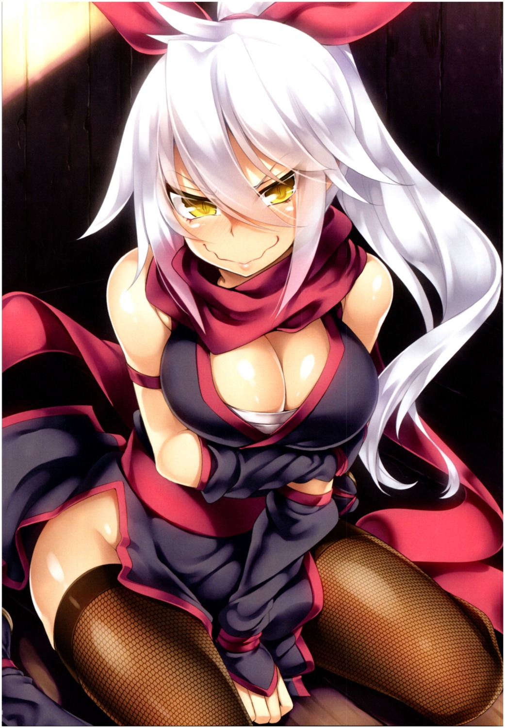 breast_hold cleavage fishnets ichijou_hitoshi japanese_clothes ninja nopan open_shirt sarashi thighhighs