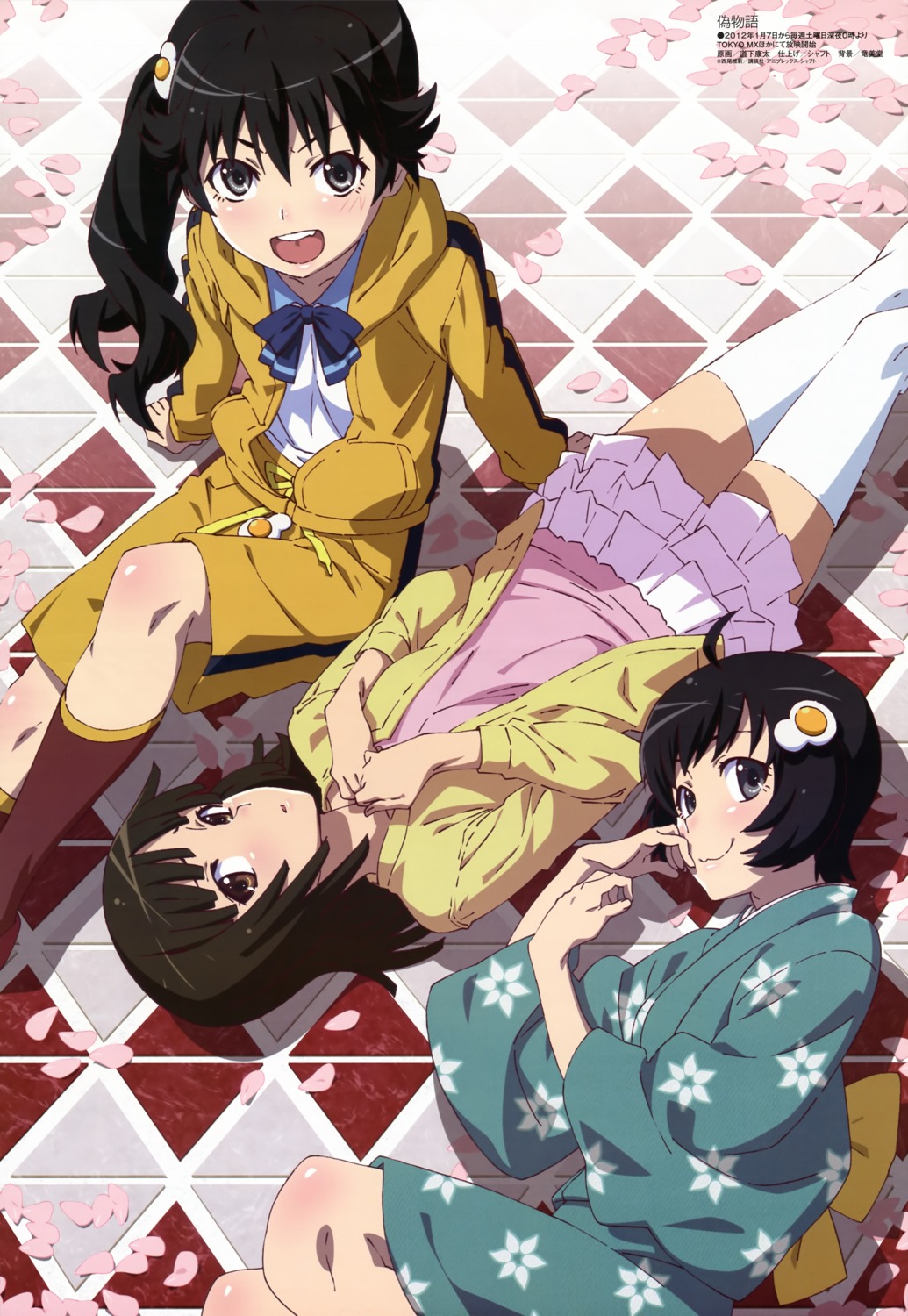 araragi_karen araragi_tsukihi bakemonogatari michishita_kouta monogatari_(series) nisemonogatari sengoku_nadeko thighhighs yukata