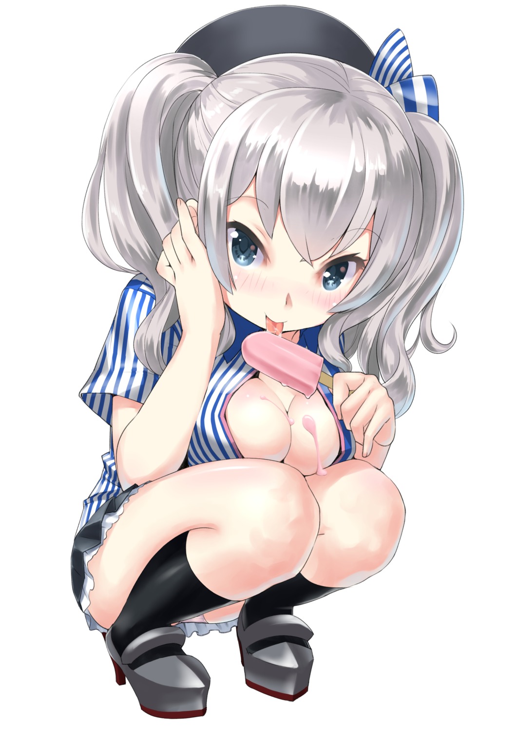 cleavage cream heels kantai_collection kashima_(kancolle) lawson no_bra open_shirt pantsu rin2008 uniform