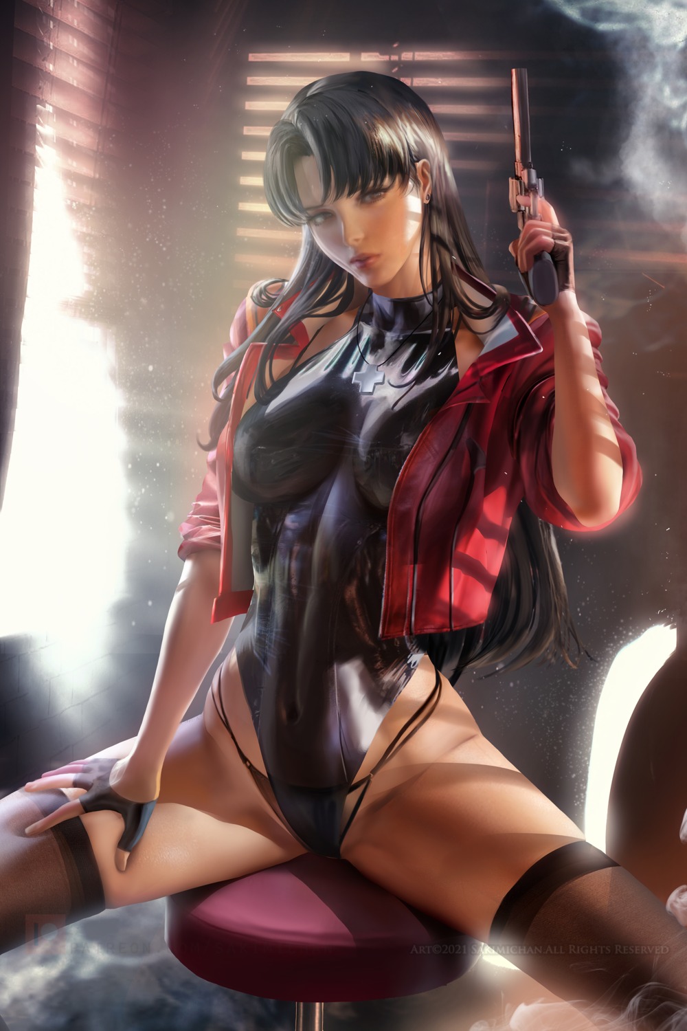 gun katsuragi_misato leotard neon_genesis_evangelion sakimichan thighhighs