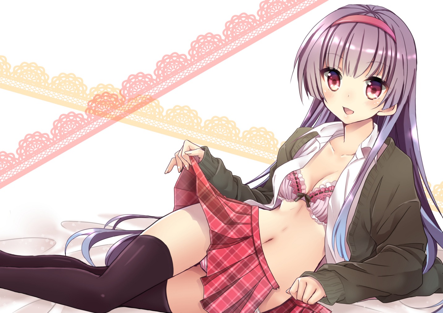 bra i_m_a open_shirt pantsu seifuku shimapan skirt_lift thighhighs