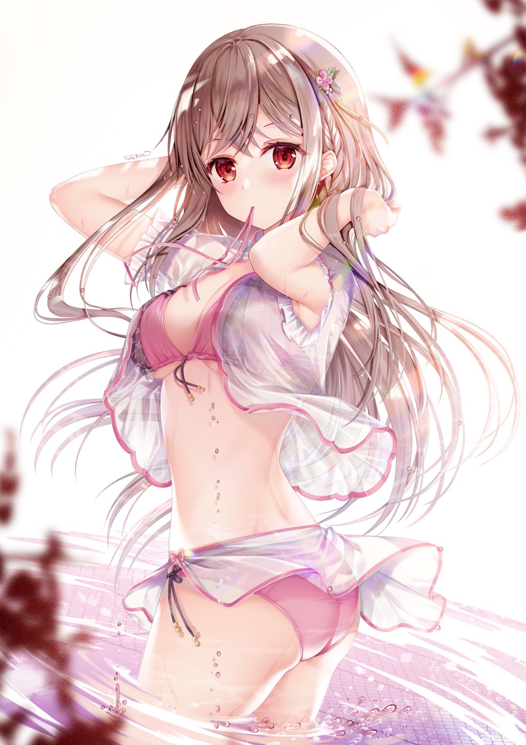 ass bikini maeda_shiori open_shirt see_through skirt_lift swimsuits twinbox twinbox_school wet wet_clothes