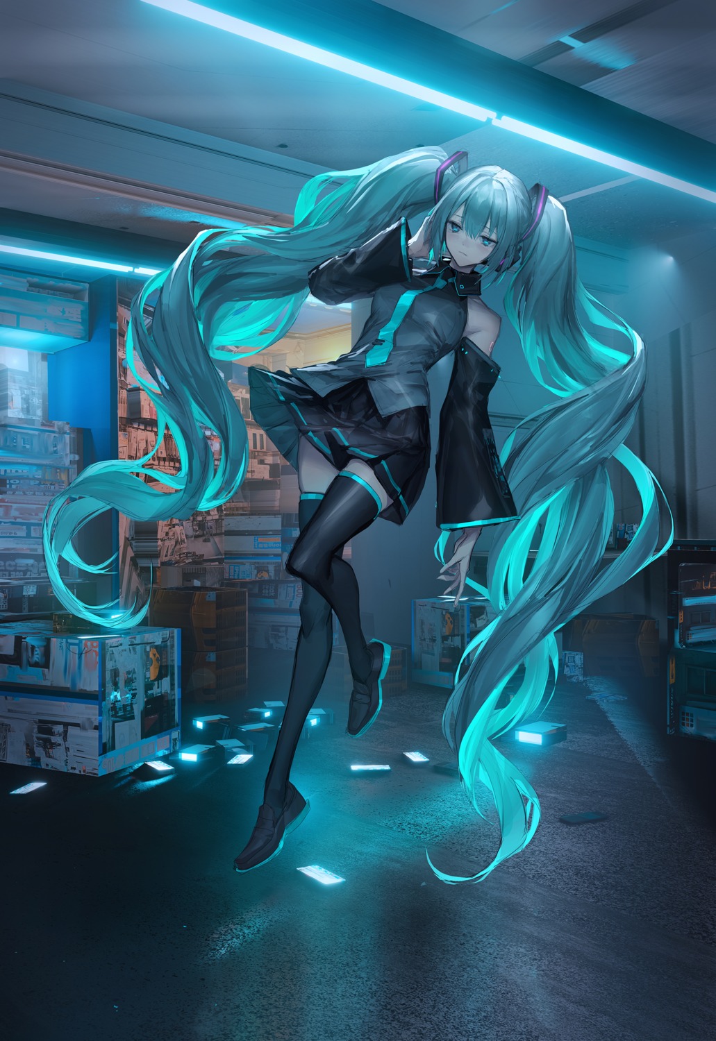 hatsune_miku headphones lm7 skirt_lift thighhighs vocaloid