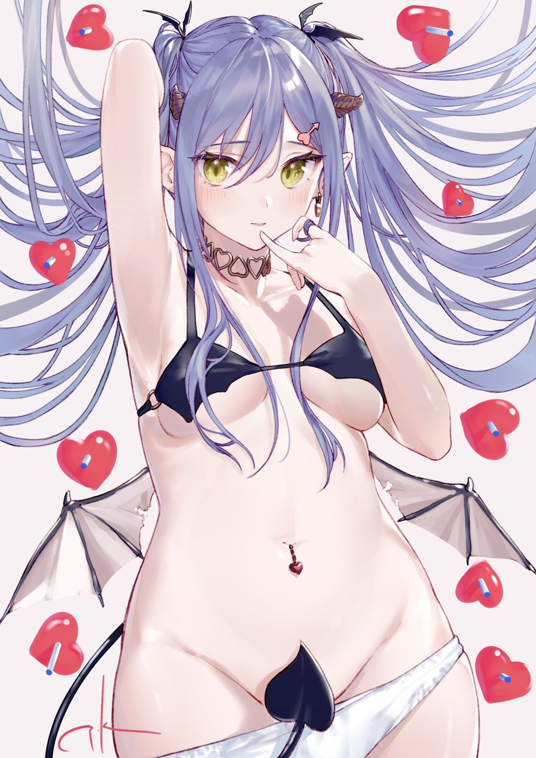 bra devil horns pantsu panty_pull pointy_ears swimsuits tail takubon underboob wings