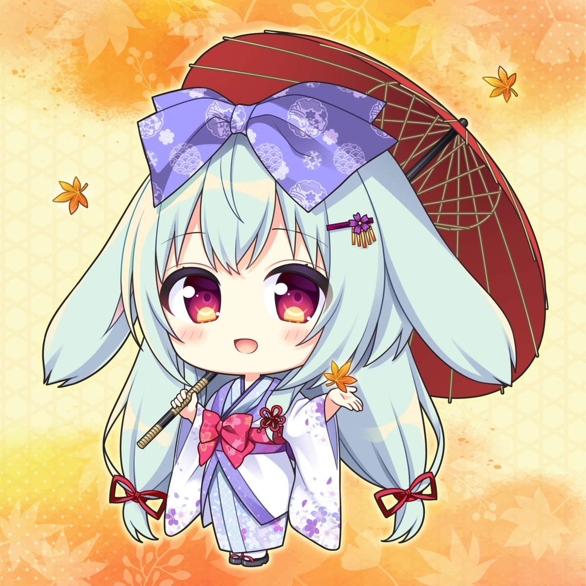 animal_ears bunny_ears chibi kimono lump_of_sugar moekibara_fumitake umbrella