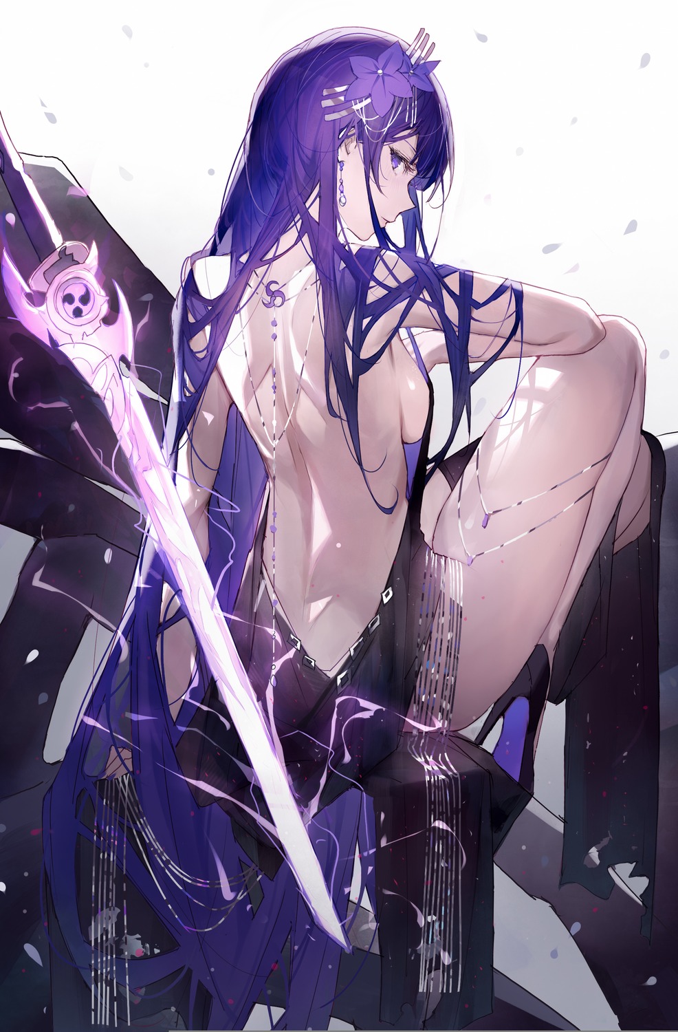 dress genshin_impact no_bra qiandaiyiyu raiden_shogun sword