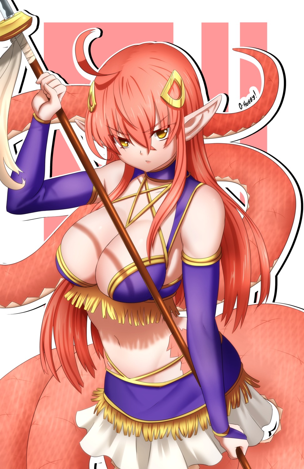 bikini_armor cleavage miia_(monster_musume) monster_girl monster_musume_no_iru_nichijou oppaihobby pointy_ears tail weapon