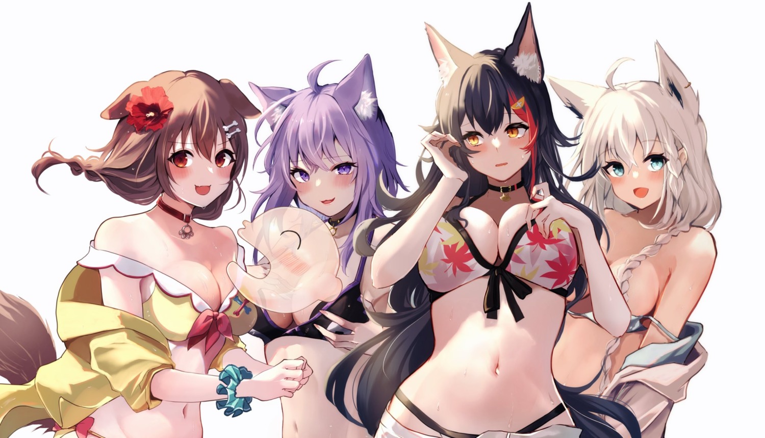 animal_ears bikini bikini_top breast_hold cleavage hololive hololive_gamers inugami_korone inumimi kitsune nekomata_okayu nekomimi no_bra ookami_mio open_shirt shirakami_fubuki swimsuits tail tako_8_yaki