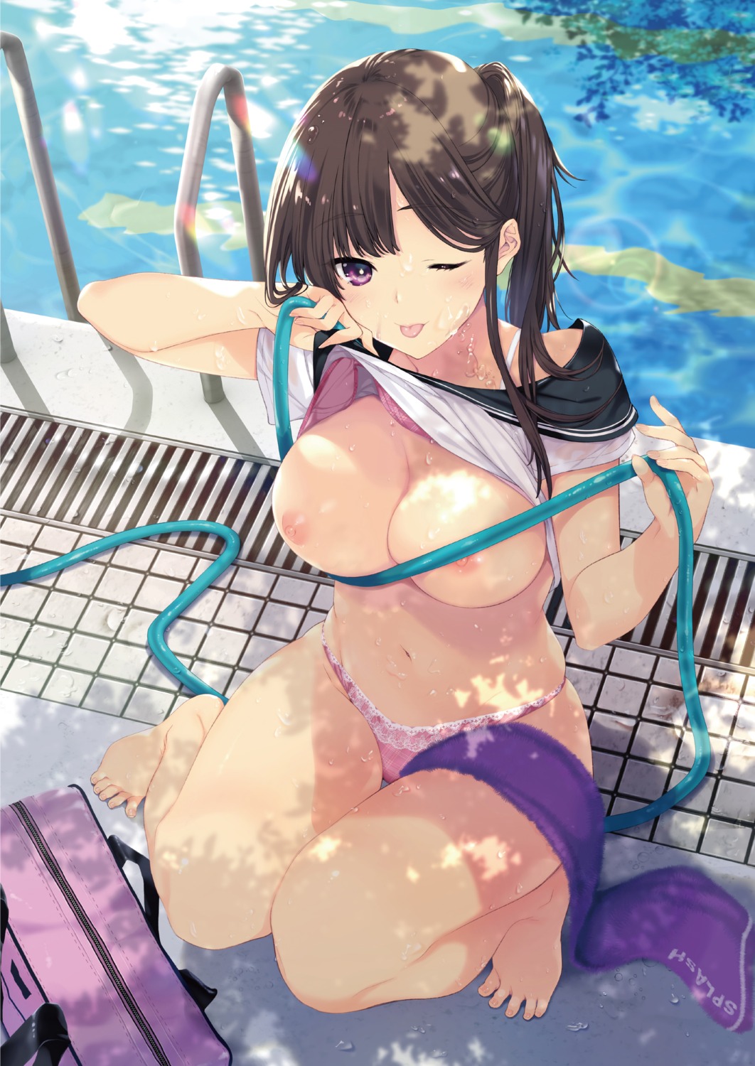 bra breasts iizuki_tasuku nipples pantsu seifuku shirt_lift wet