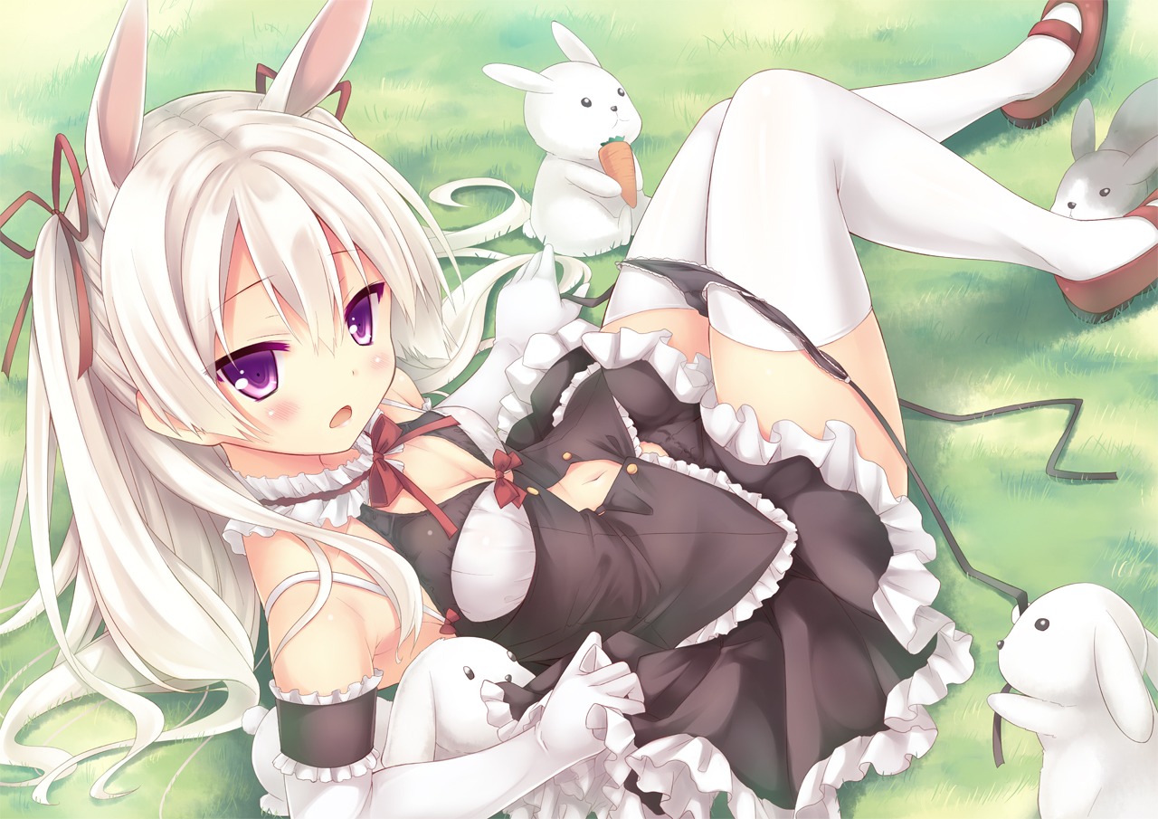 animal_ears bunny_ears pantsu panty_pull ryo_(botsugo) string_panties thighhighs