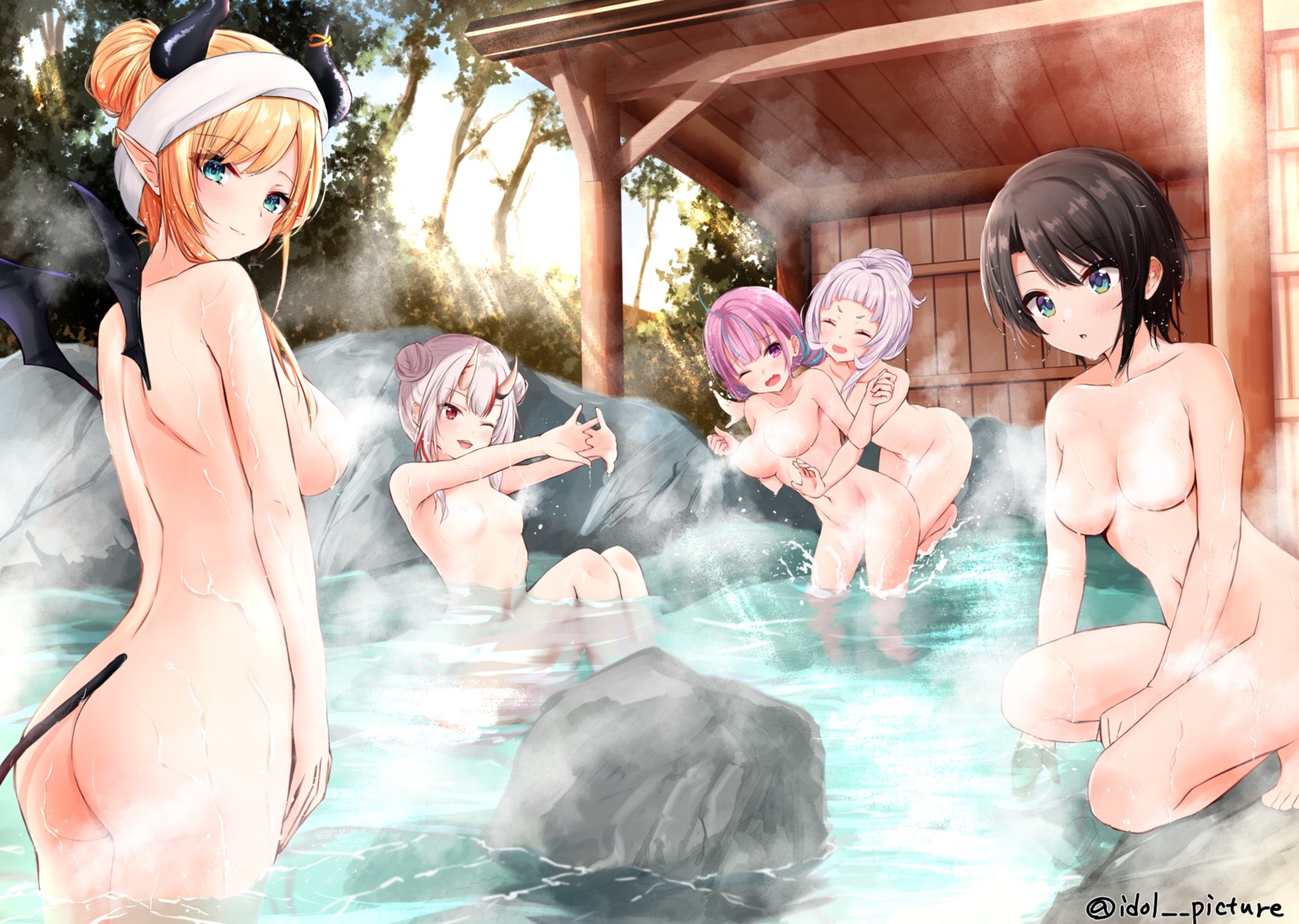 ass bathing censored ex_idol hololive horns minato_aqua murasaki_shion naked nakiri_ayame onsen oozora_subaru pointy_ears tail wet wings yuri yuzuki_choco