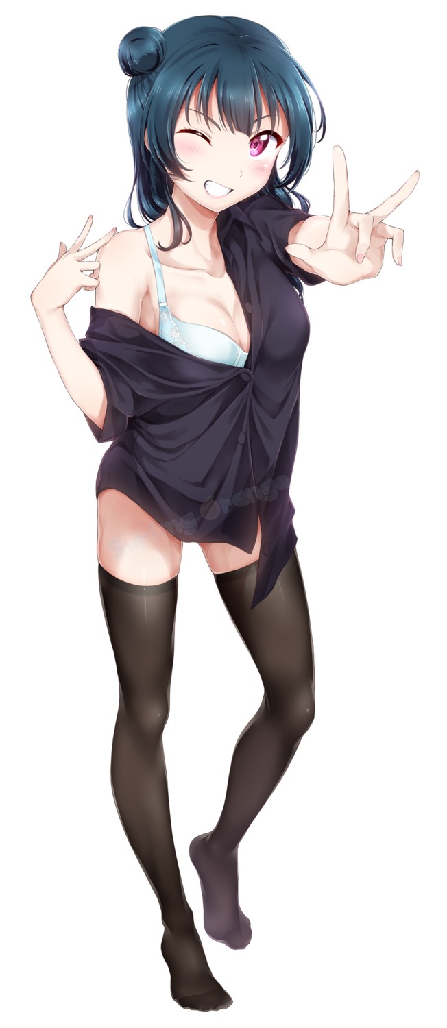 bottomless bra cleavage love_live!_sunshine!! open_shirt surfing_orange thighhighs tsushima_yoshiko watermark