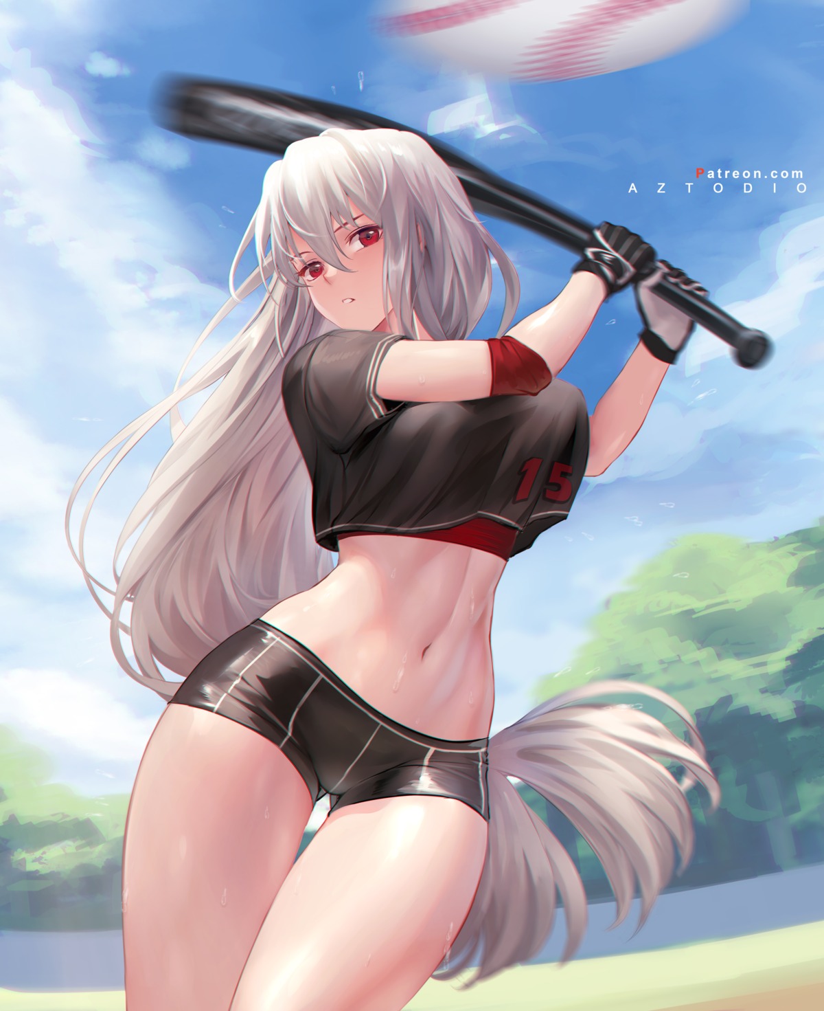 arknights azto_dio baseball skadi_(arknights) uniform wet