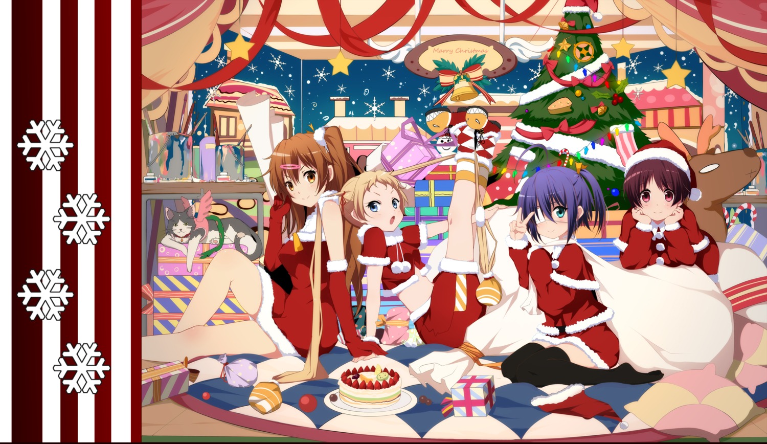 bba1985 christmas chuunibyou_demo_koi_ga_shitai! dekomori_sanae dress eyepatch neko nibutani_shinka takanashi_rikka thighhighs tsuyuri_kumin