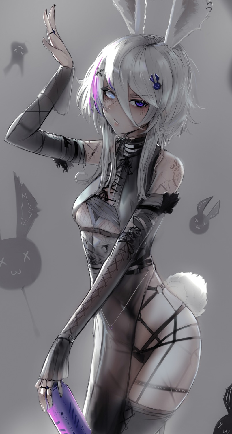 animal_ears bunny_ears bunny_girl ehrrr fishnets heterochromia see_through stockings tail tattoo thighhighs