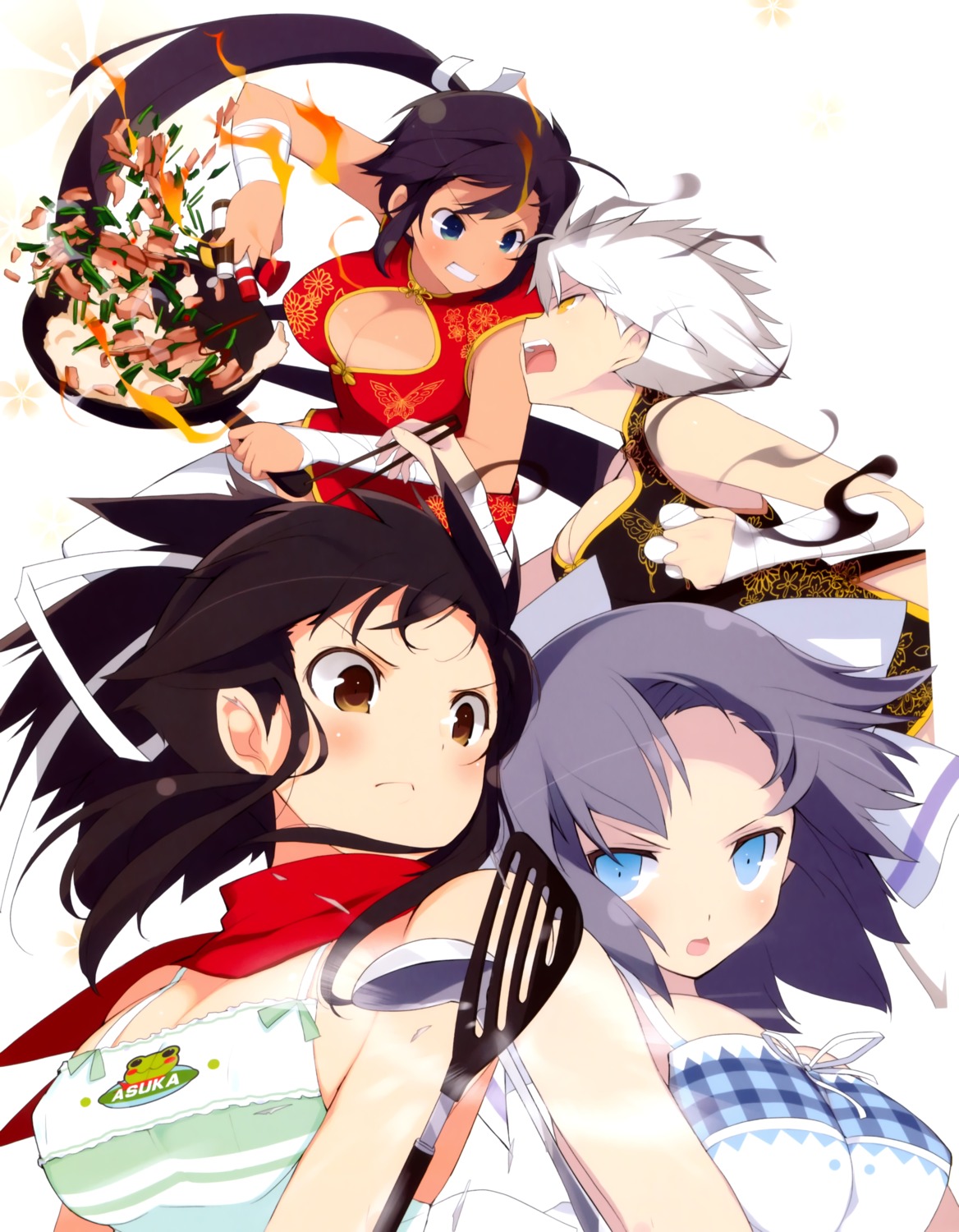 asuka_(senran_kagura) bandages chinadress cleavage homura_(senran_kagura) miyabi_(senran_kagura) senran_kagura tan_lines yaegashi_nan yumi_(senran_kagura)