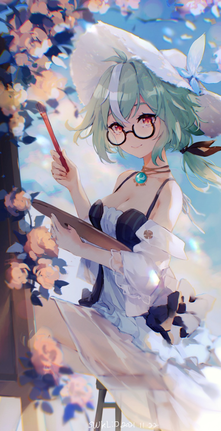 genshin_impact megane no_bra see_through skirt_lift sucrose swkl:d