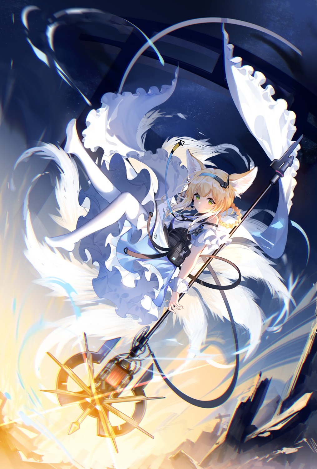 animal_ears arknights kitsune pantyhose skirt_lift suzuran_(arknights) tail weapon yu_jiu