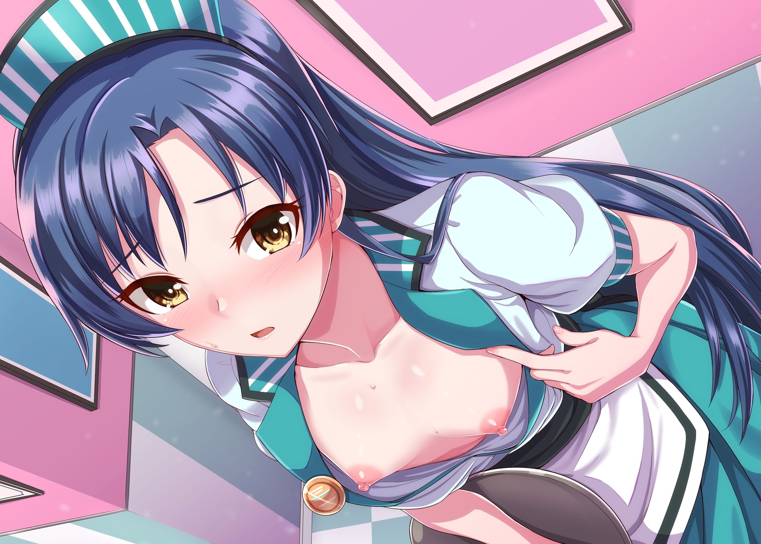 breasts dan_(orange_train) kisaragi_chihaya nipples no_bra open_shirt the_idolm@ster undressing waitress