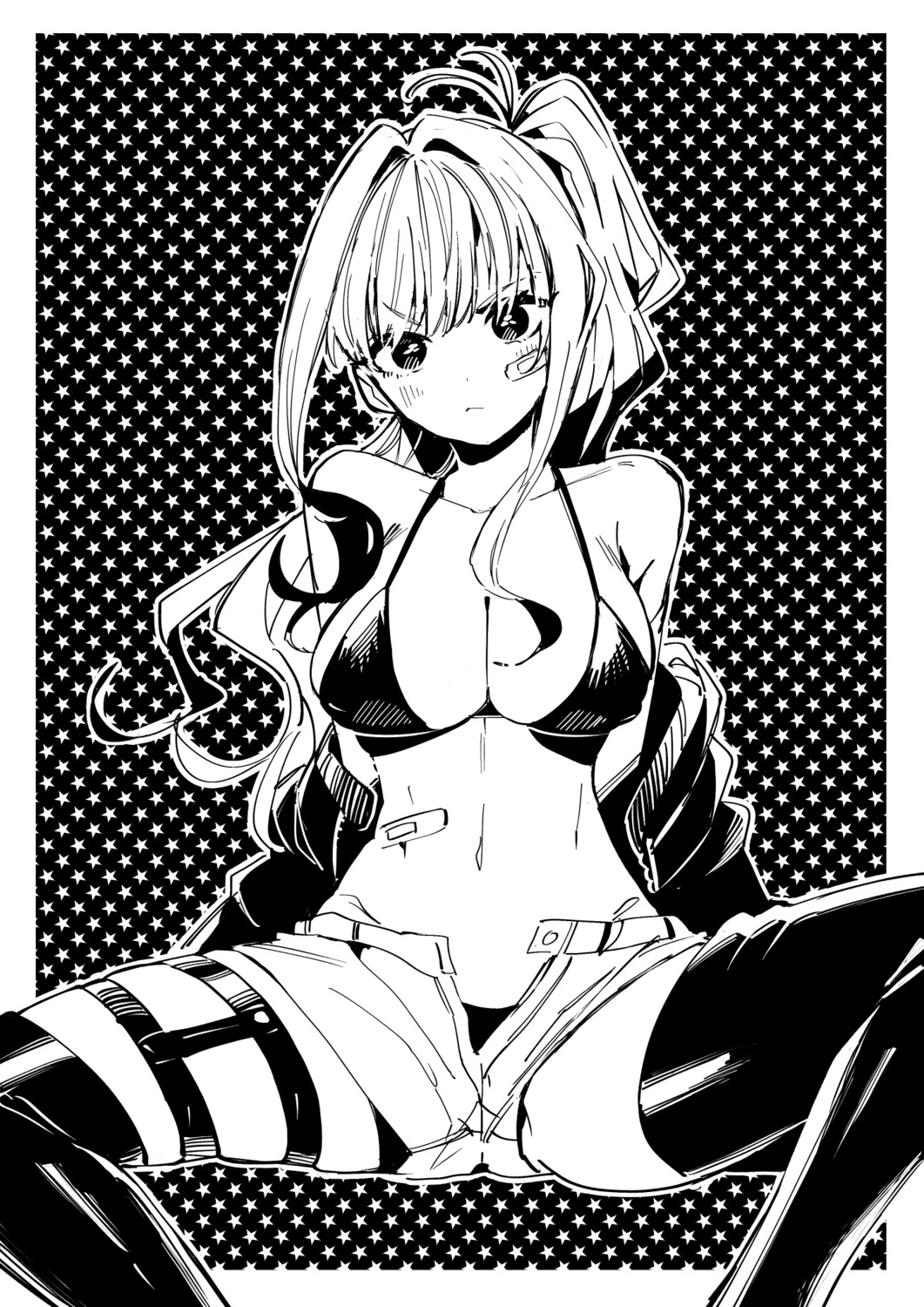 bandaid bikini garter monochrome nozawa_yukiko open_shirt swimsuits thighhighs