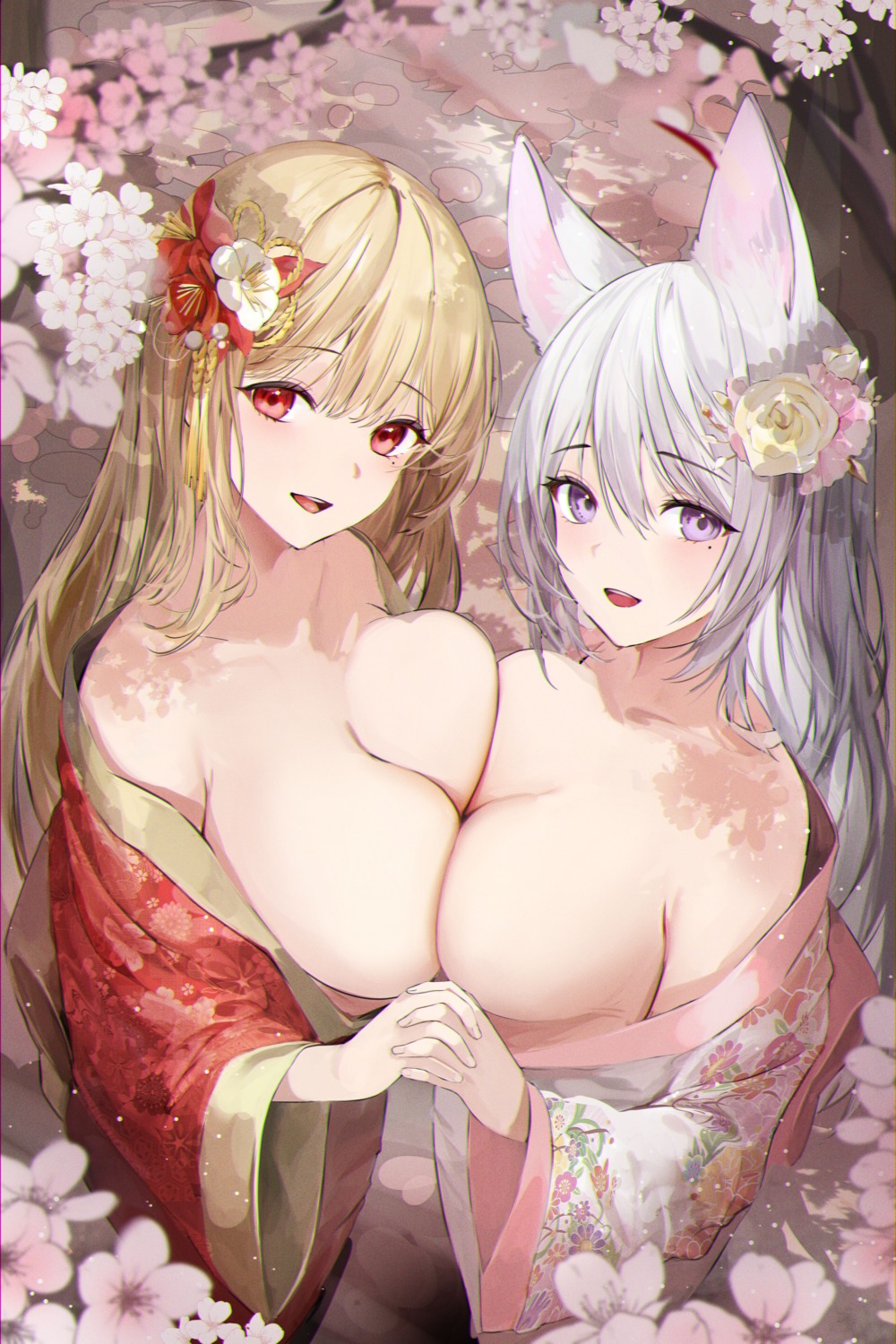 animal_ears breasts japanese_clothes lillly no_bra open_shirt symmetrical_docking