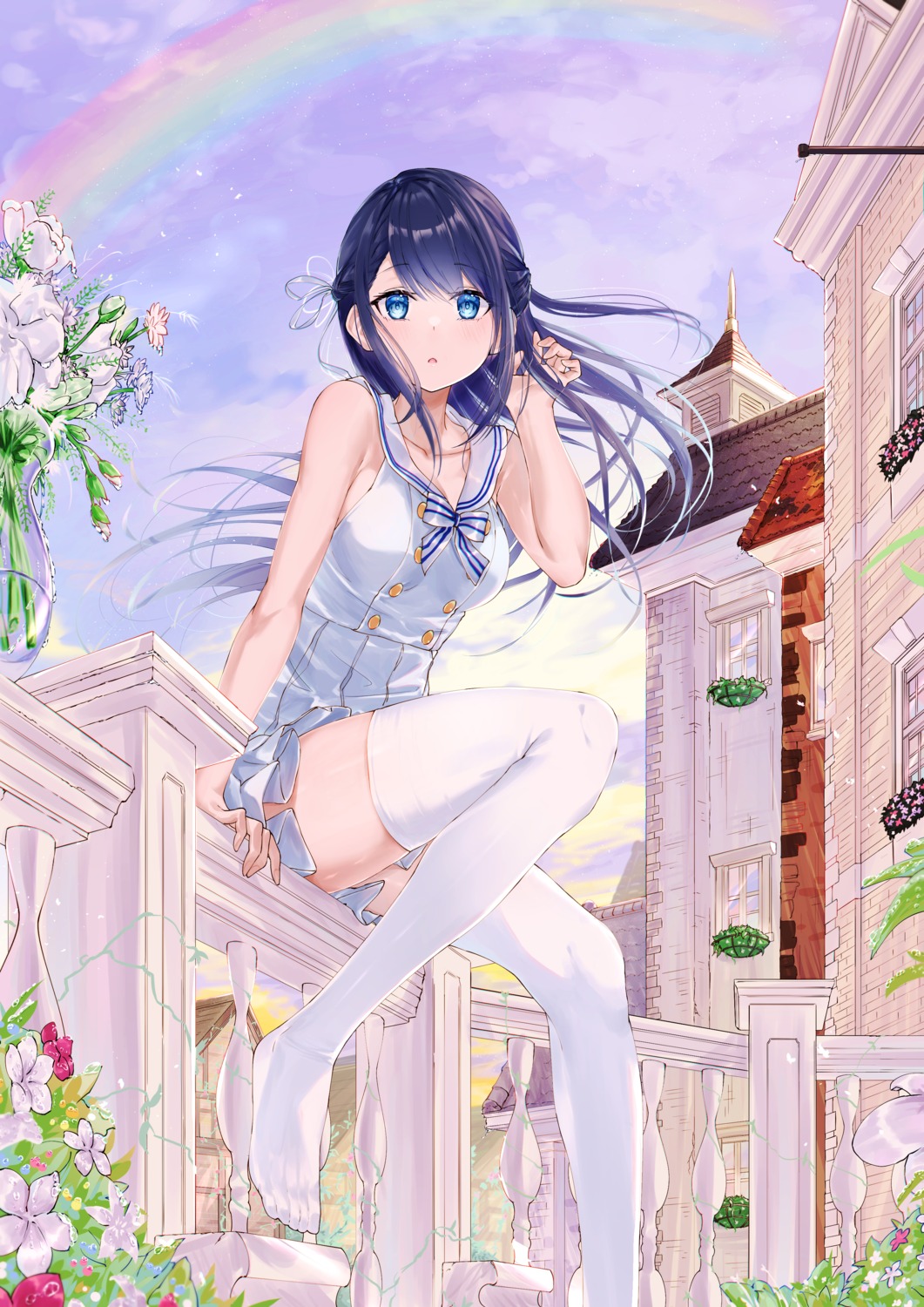 cleavage feet meen_(ouaughikepdvrsf) seifuku skirt_lift thighhighs