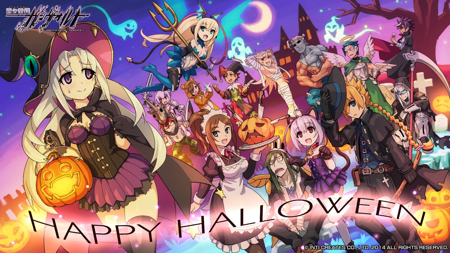 animal_ears armed_blue:_gunvolt armor bandages cleavage dress halloween heels maid megane nekomimi tagme tail thighhighs wallpaper weapon wings witch