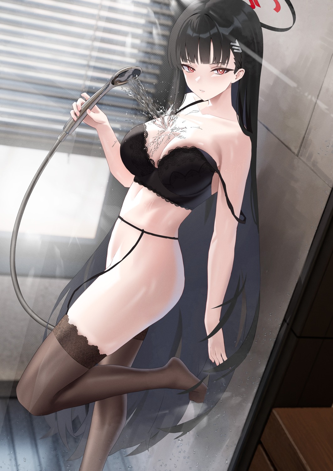 bathing blue_archive bottomless bra cirilla garter_belt halo stockings thighhighs tsukatsuki_rio wet