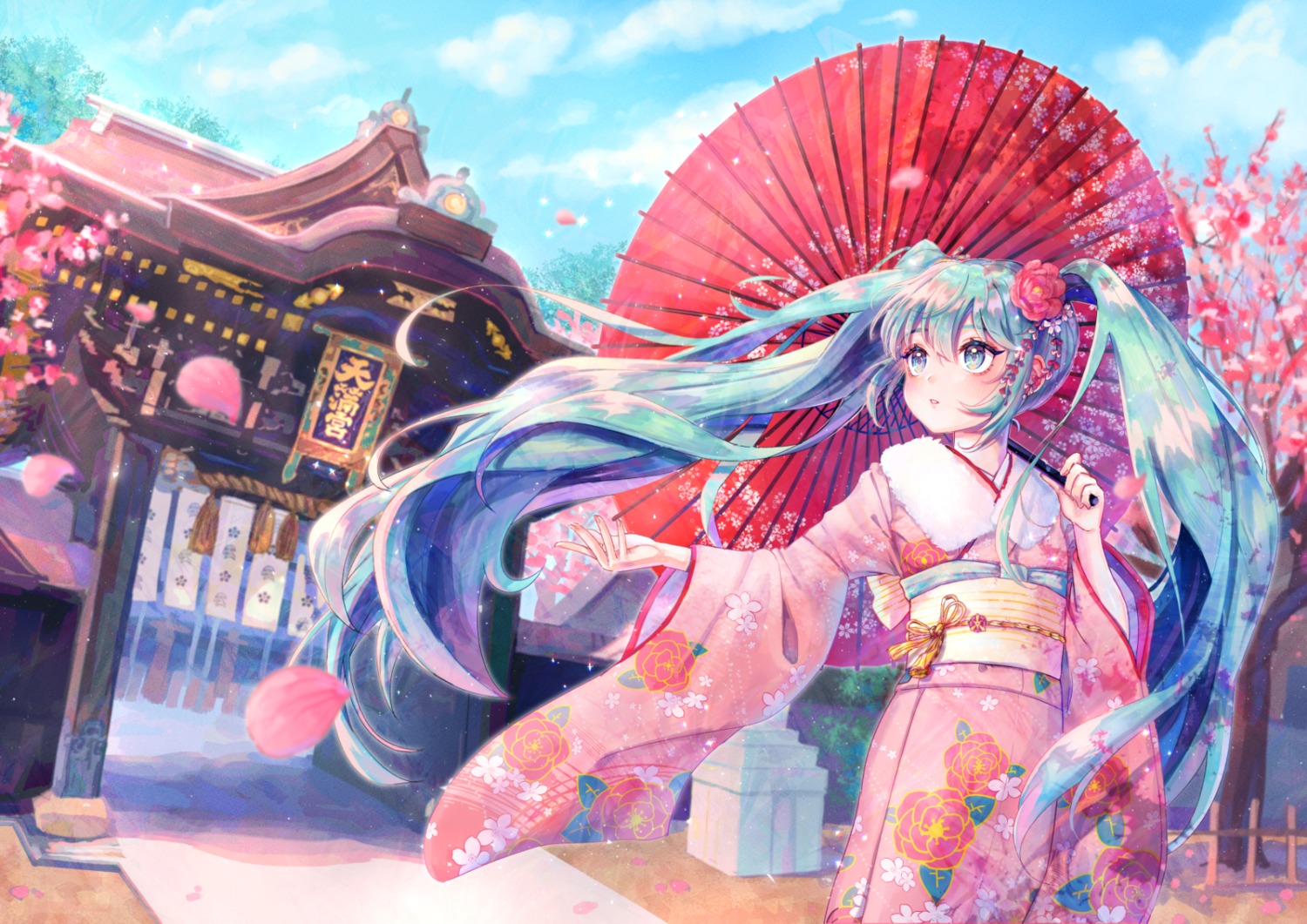 hatsune_miku kimono kyoto_nippon_festival tamaki_(tamaki599) umbrella vocaloid