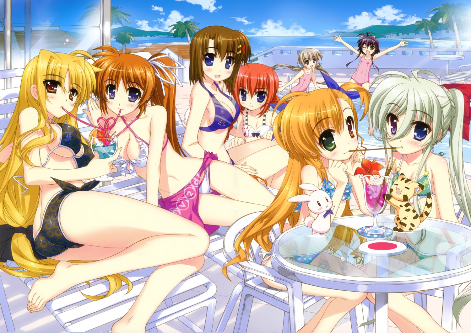 asteion bikini cleavage corona_timir einhart_stratos fate_testarossa fixed fujima_takuya heterochromia mahou_shoujo_lyrical_nanoha mahou_shoujo_lyrical_nanoha_vivid nice_try rio_wezley sacred_heart swimsuits takamachi_nanoha vita vivio yagami_hayate