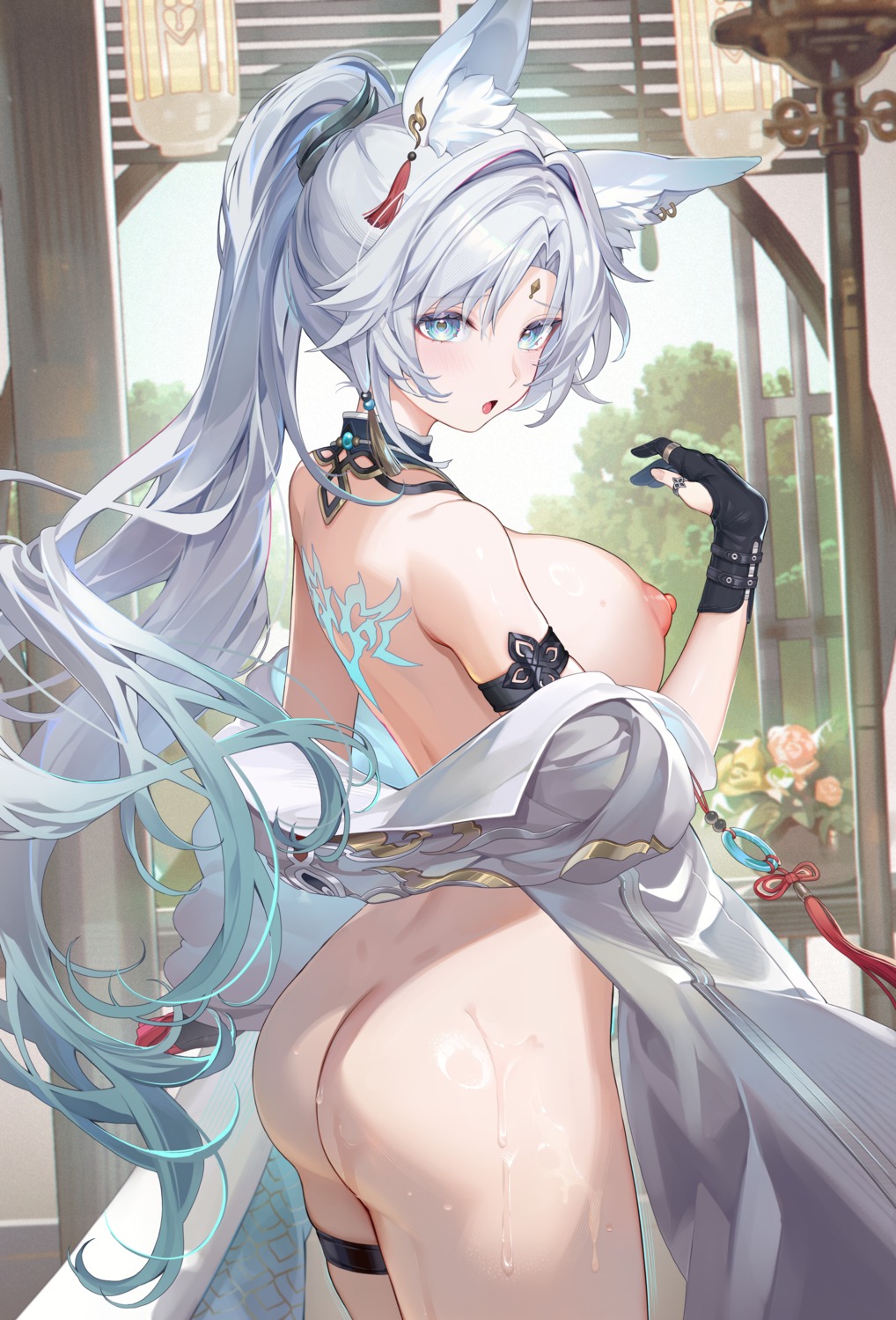 animal_ears ass bottomless breasts feixiao garter honkai:_star_rail machi_(7769) nipples no_bra open_shirt tattoo wet