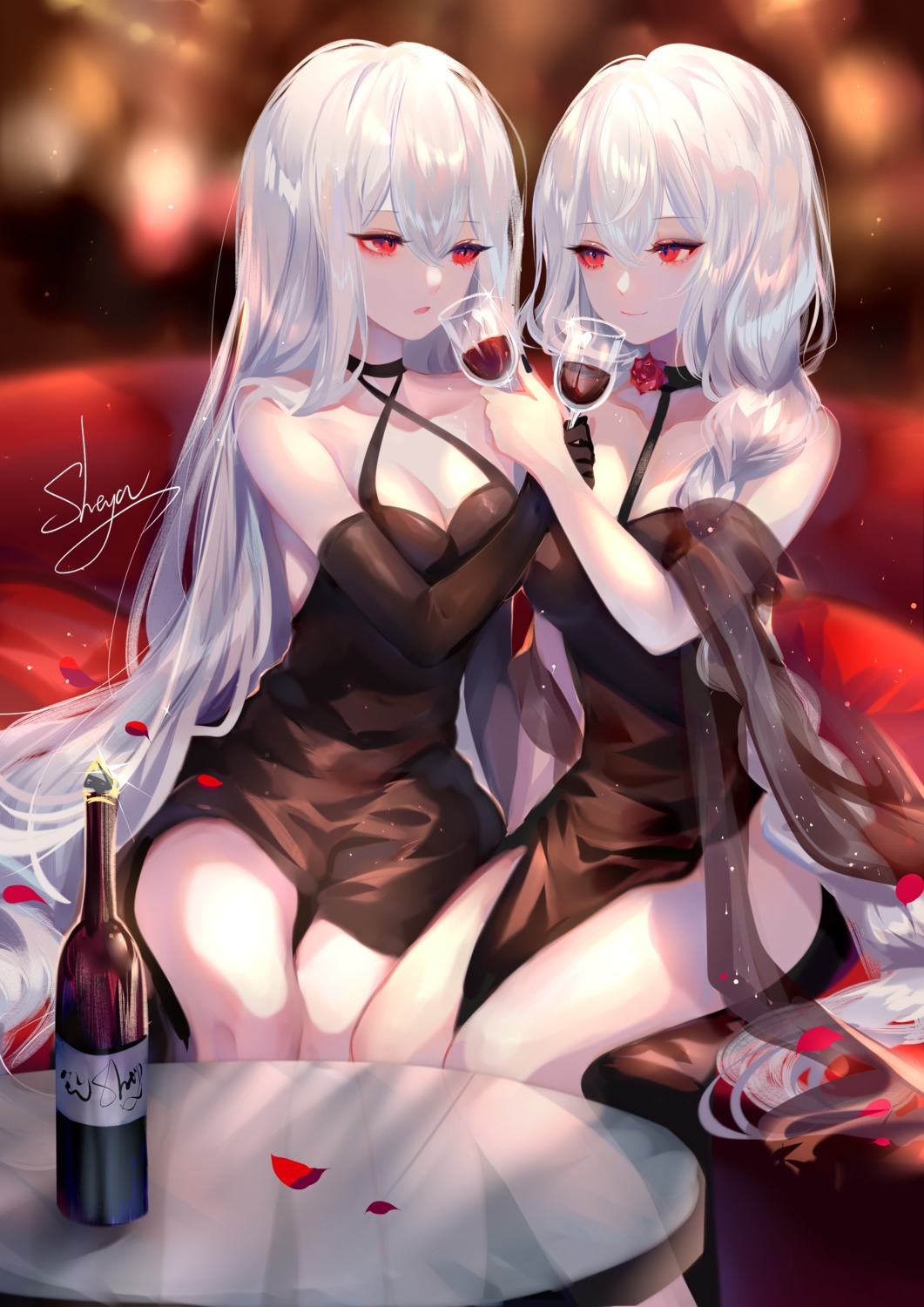 arknights cleavage dress no_bra sheya skadi_(arknights) skirt_lift specter_(arknights) yuri