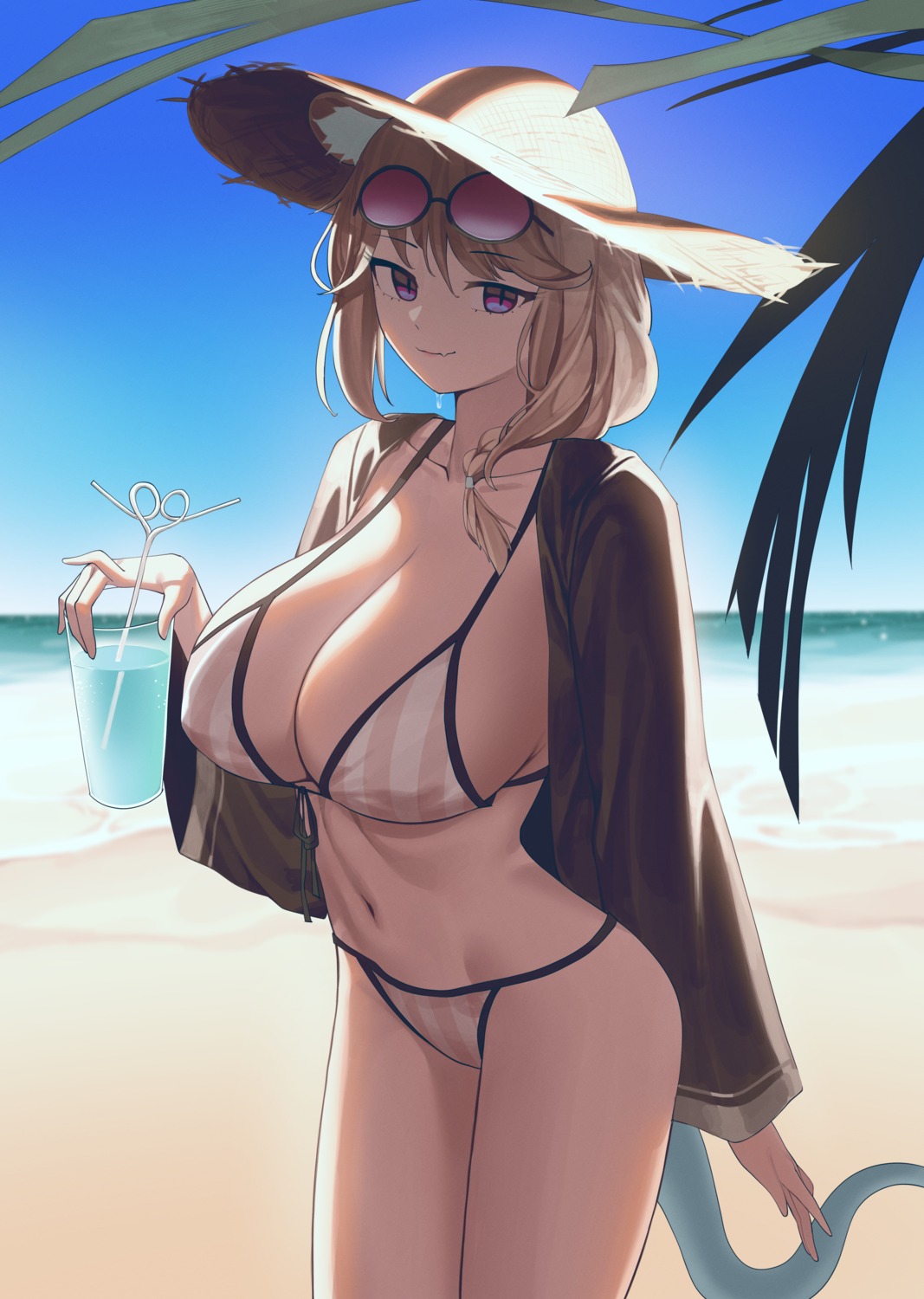 animal_ears arknights bikini erect_nipples megane open_shirt siguya swimsuits tail utage_(arknights)