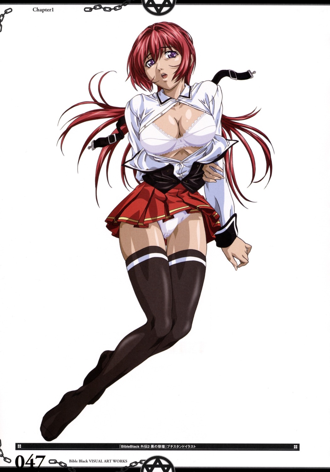 bible_black bible_black_gaiden bra cleavage open_shirt pantsu seifuku takashiro_hiroko thighhighs undressing yoshiten