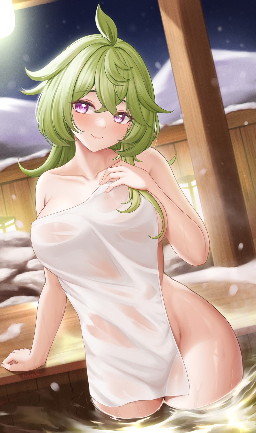 collei genshin_impact mu_xue naked onsen see_through towel wet