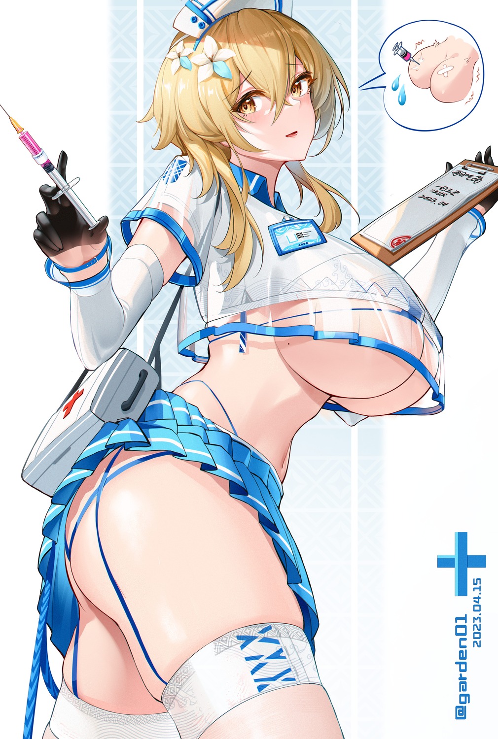 bikini garden03 genshin_impact lumine nurse see_through stockings swimsuits thighhighs thong