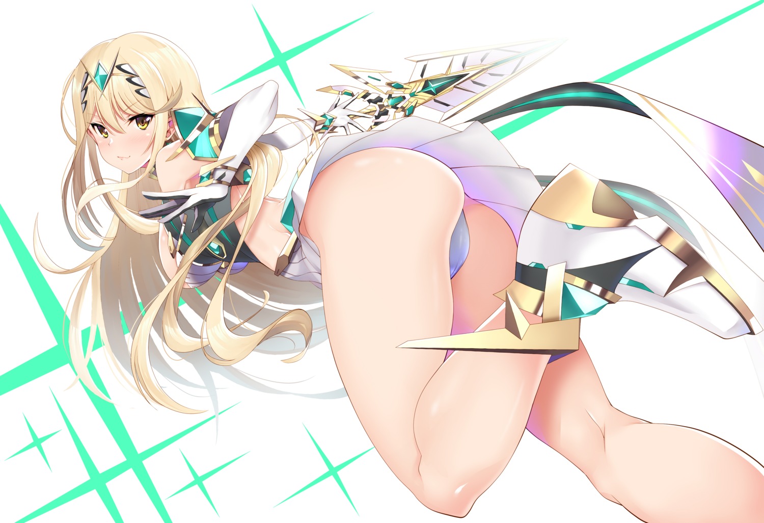 armor ass daive hikari_(xenoblade_2) no_bra pantsu skirt_lift sword thong xenoblade xenoblade_chronicles_2