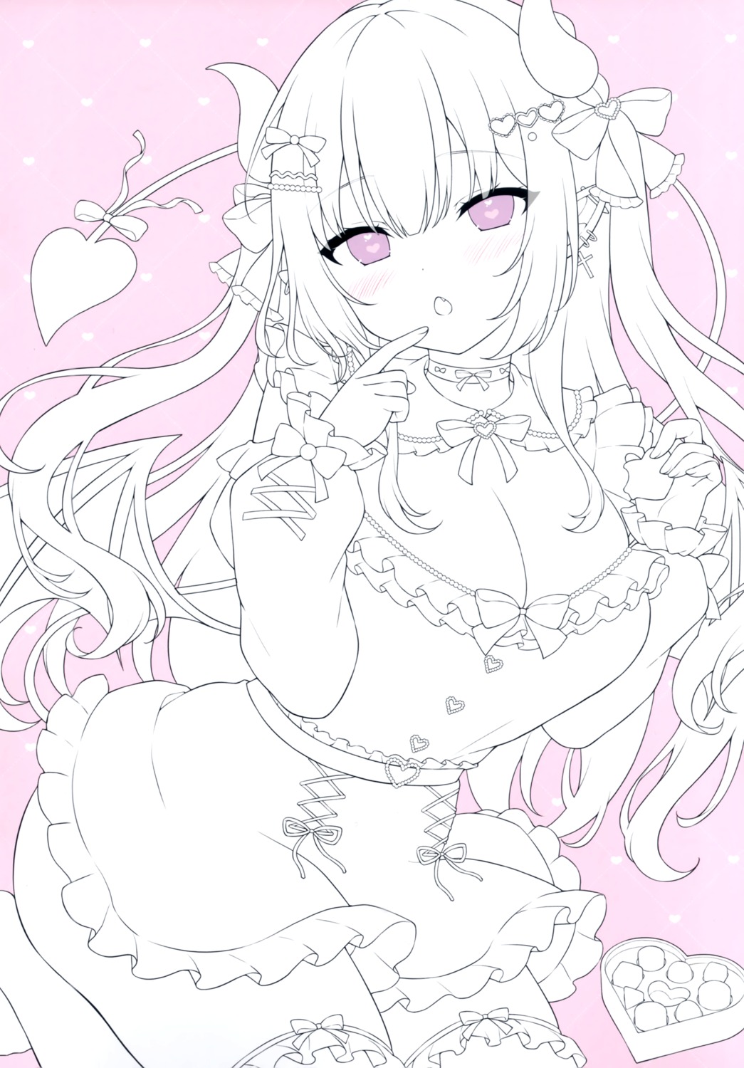 cream devil horns line_art lolita_fashion pointy_ears shiono_room siooooono skirt_lift tail thighhighs valentine wings