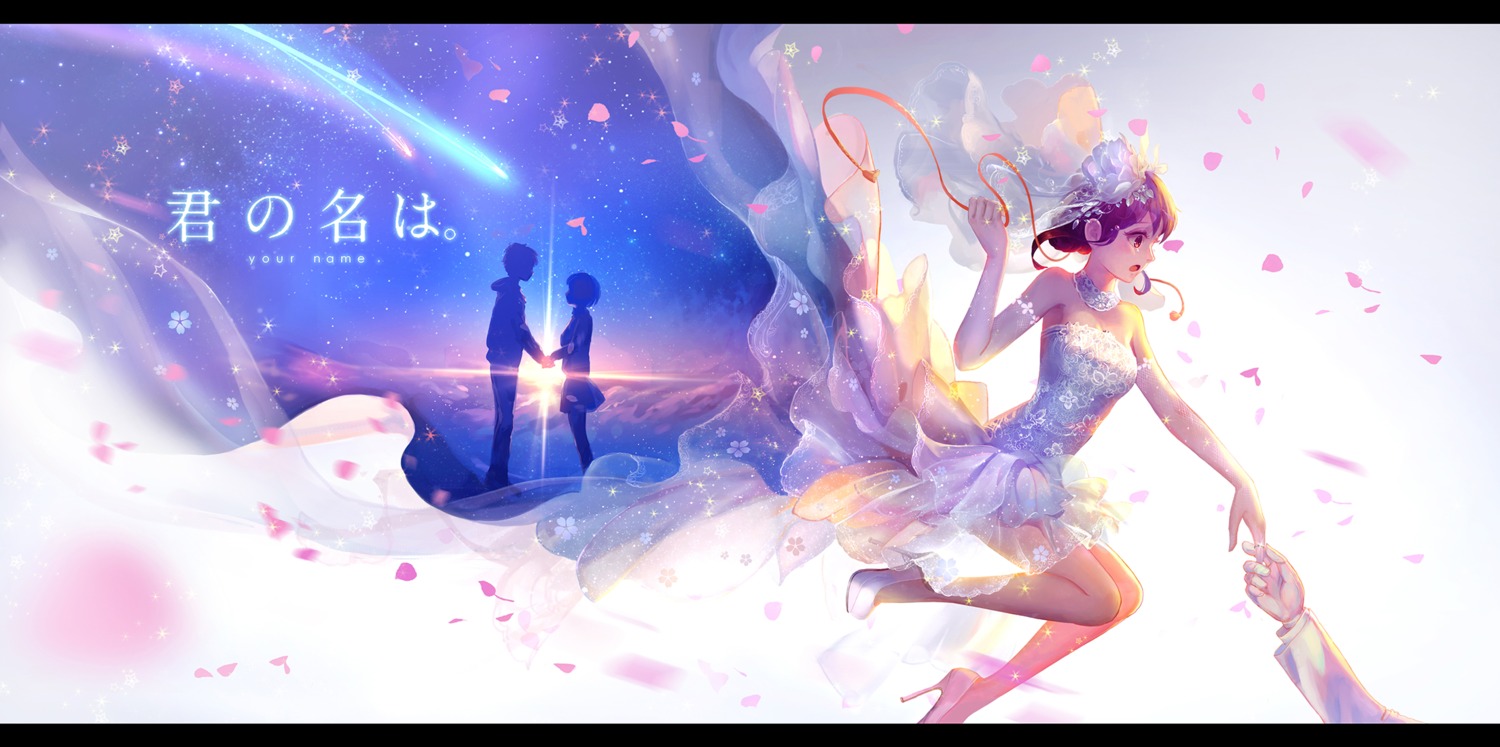 dress heels kimi_no_na_wa. miyamizu_mitsuha pcw seifuku sweater tachibana_taki wedding_dress