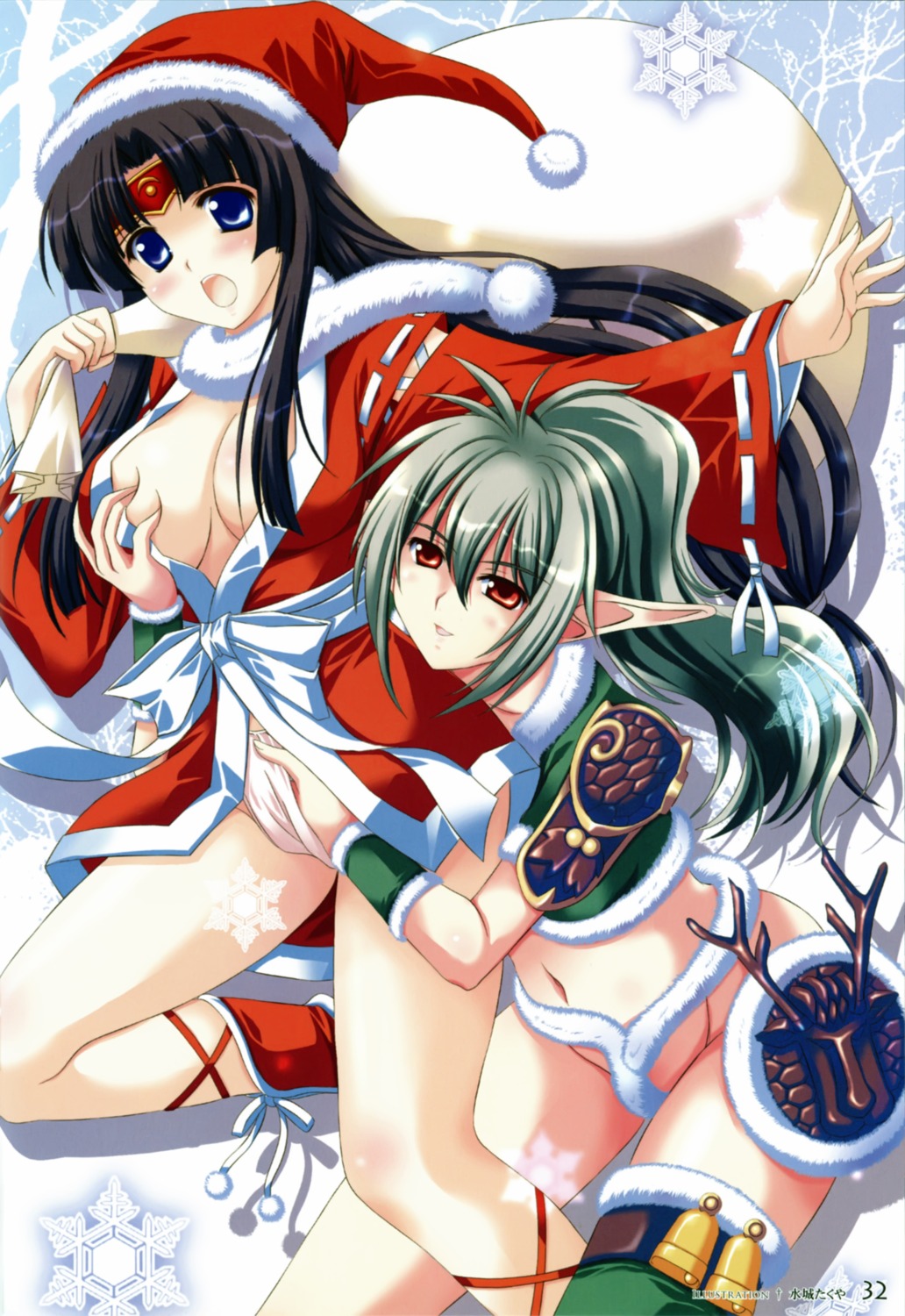 breast_grab christmas cleavage echidna elf mizushiro_takuya nopan overfiltered pantsu pointy_ears queen's_blade thighhighs tomoe