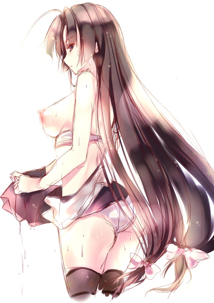 amane_ruri ass breasts kantai_collection nipples pantsu shouhou_(kancolle) sketch skirt_lift thighhighs wet_clothes